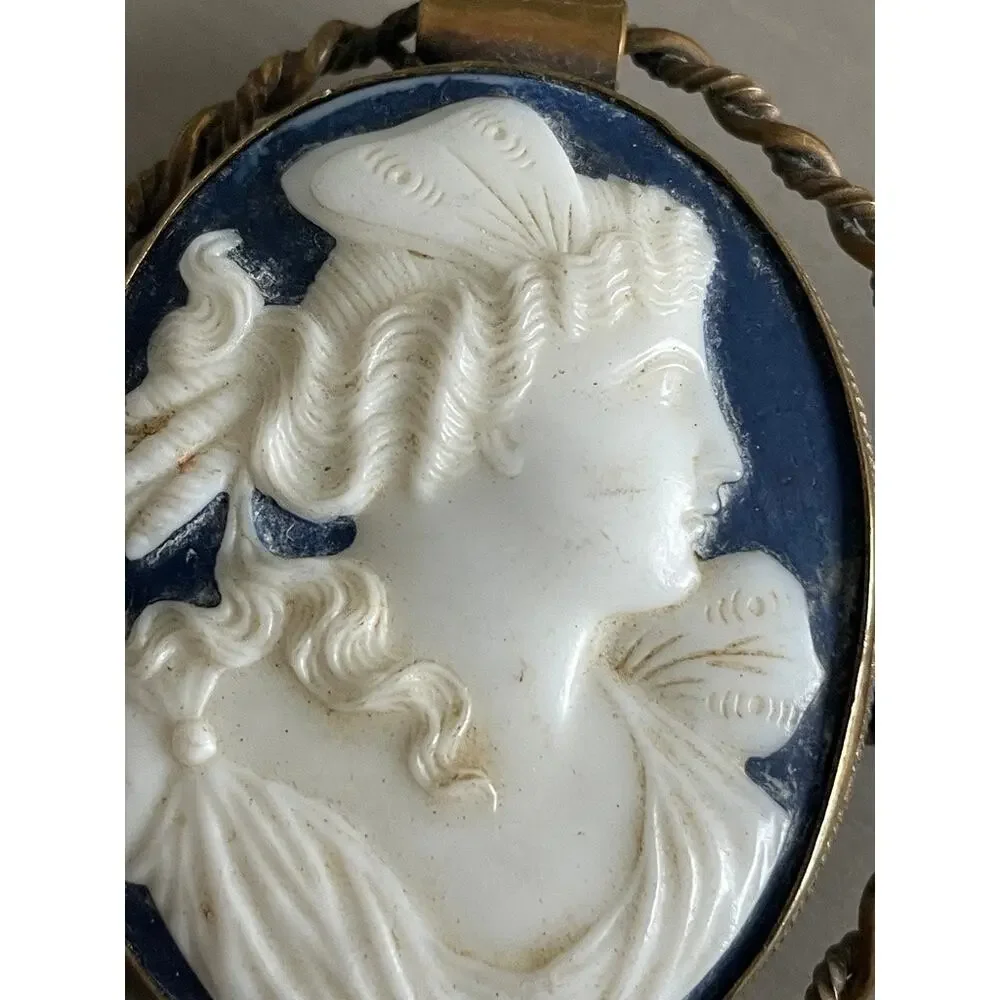 Antique Shell Carved Cameo Brooch of Godess Psyche Blue Background Large